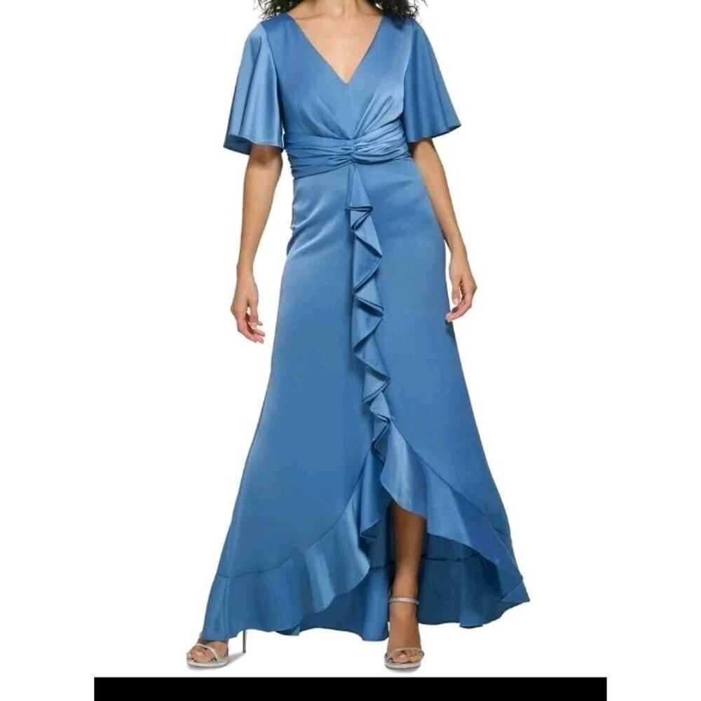 DKNY Womens Blue Satin Flutter Sleeves Evening Dress Gown Size 8 New With Tags